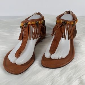 Isola Brown Leather Boho Fringe Beaded Sandals